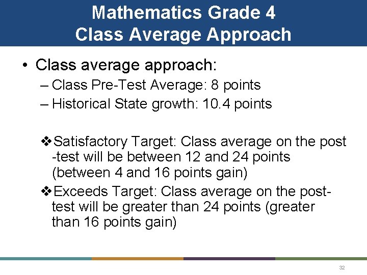 Mathematics Grade 4 Class Average Approach • Class average approach: – Class Pre-Test Average: