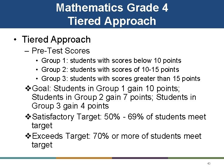 Mathematics Grade 4 Tiered Approach • Tiered Approach – Pre-Test Scores • Group 1: