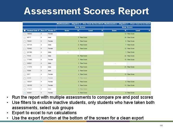 Assessment Scores Report • Run the report with multiple assessments to compare pre and