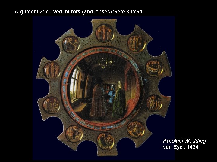 Argument 3: curved mirrors (and lenses) were known Arnolfini Wedding van Eyck 1434 