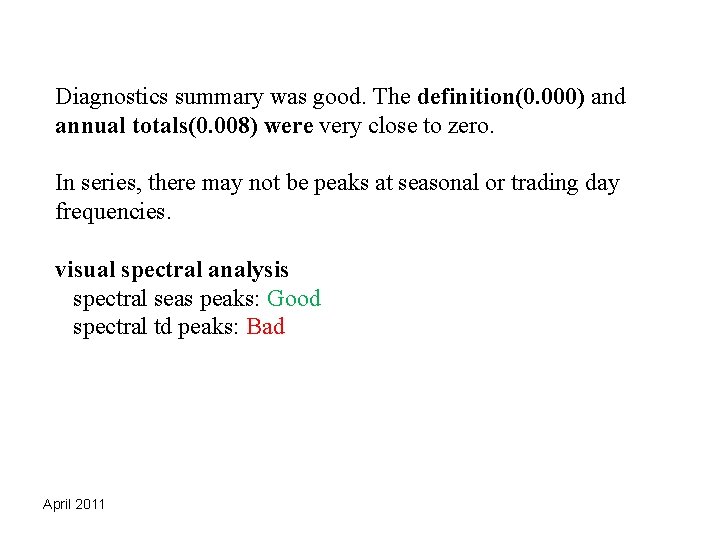 Diagnostics summary was good. The definition(0. 000) and annual totals(0. 008) were very close