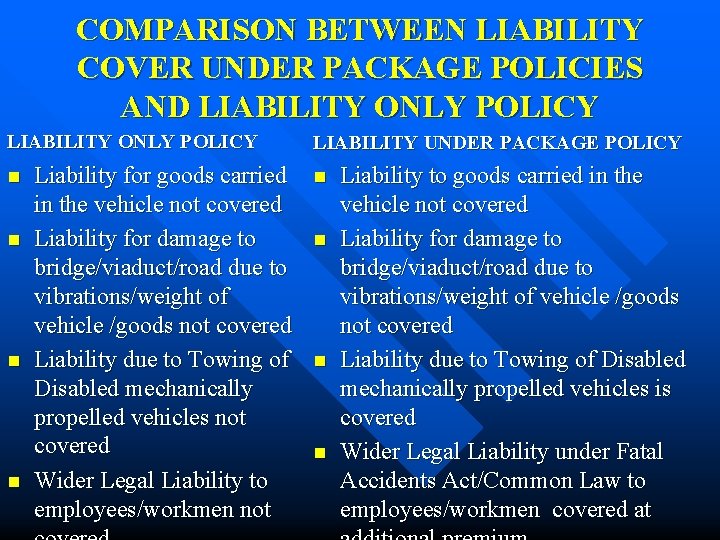 COMPARISON BETWEEN LIABILITY COVER UNDER PACKAGE POLICIES AND LIABILITY ONLY POLICY n n Liability