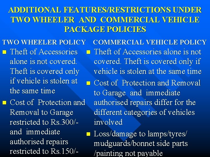 ADDITIONAL FEATURES/RESTRICTIONS UNDER TWO WHEELER AND COMMERCIAL VEHICLE PACKAGE POLICIES TWO WHEELER POLICY COMMERCIAL