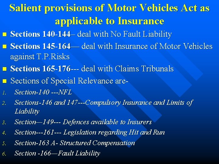 Salient provisions of Motor Vehicles Act as applicable to Insurance n n 1. 2.