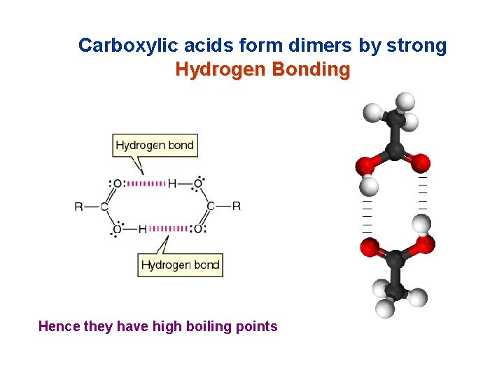 Carboxylic acids form dimers by strong Hydrogen Bonding Hence they have high boiling points Carboxylic acids form dimers by strong Hydrogen Bonding Hence they have high boiling points