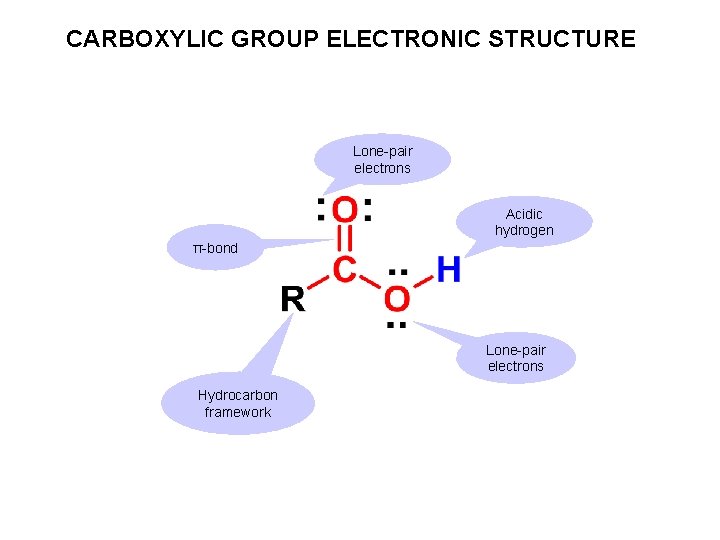 CARBOXYLIC GROUP ELECTRONIC STRUCTURE Lone-pair electrons Acidic hydrogen π-bond Lone-pair electrons Hydrocarbon framework CARBOXYLIC GROUP ELECTRONIC STRUCTURE Lone-pair electrons Acidic hydrogen π-bond Lone-pair electrons Hydrocarbon framework