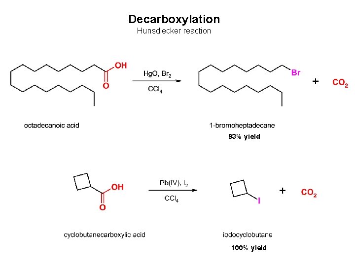 Decarboxylation Hunsdiecker reaction 93% yield 100% yield Decarboxylation Hunsdiecker reaction 93% yield 100% yield