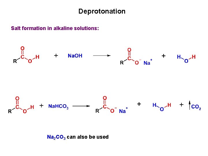 Deprotonation Salt formation in alkaline solutions: Na 2 CO 3 can also be used Deprotonation Salt formation in alkaline solutions: Na 2 CO 3 can also be used