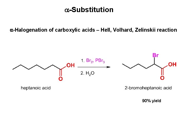 -Substitution -Halogenation of carboxylic acids – Hell, Volhard, Zelinskii reaction 90% yield -Substitution -Halogenation of carboxylic acids – Hell, Volhard, Zelinskii reaction 90% yield