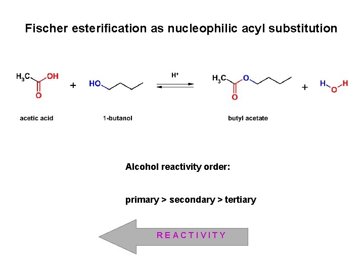 Fischer esterification as nucleophilic acyl substitution Alcohol reactivity order: primary > secondary > tertiary