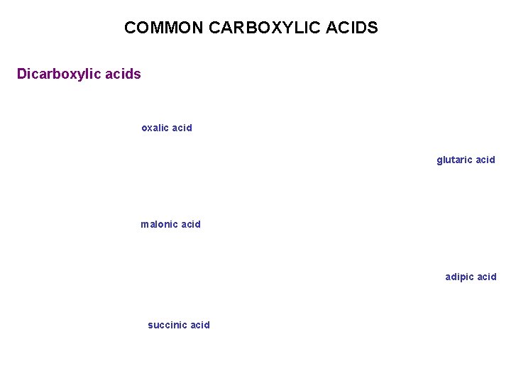 COMMON CARBOXYLIC ACIDS Dicarboxylic acids oxalic acid glutaric acid malonic acid adipic acid succinic