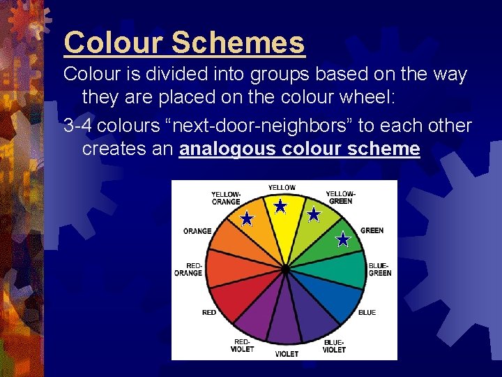 Colour Schemes Colour is divided into groups based on the way they are placed