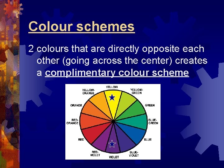 Colour schemes 2 colours that are directly opposite each other (going across the center)