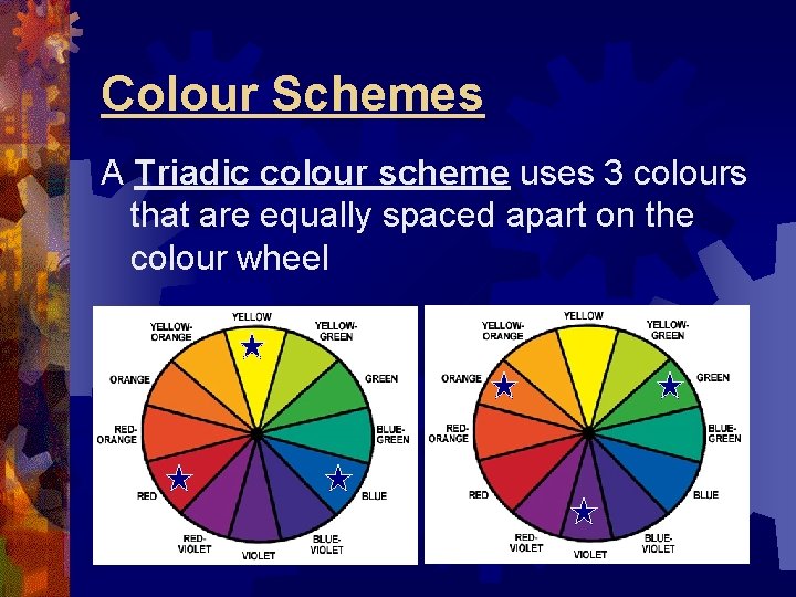 Colour Schemes A Triadic colour scheme uses 3 colours that are equally spaced apart