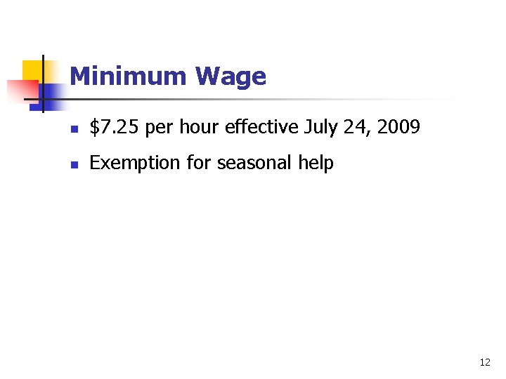 Minimum Wage n $7. 25 per hour effective July 24, 2009 n Exemption for