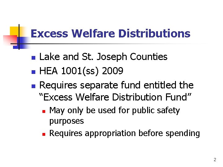 Excess Welfare Distributions n n n Lake and St. Joseph Counties HEA 1001(ss) 2009