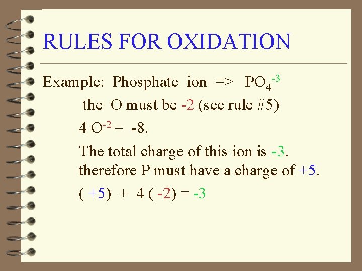 RULES FOR OXIDATION Example: Phosphate ion => PO 4 -3 the O must be
