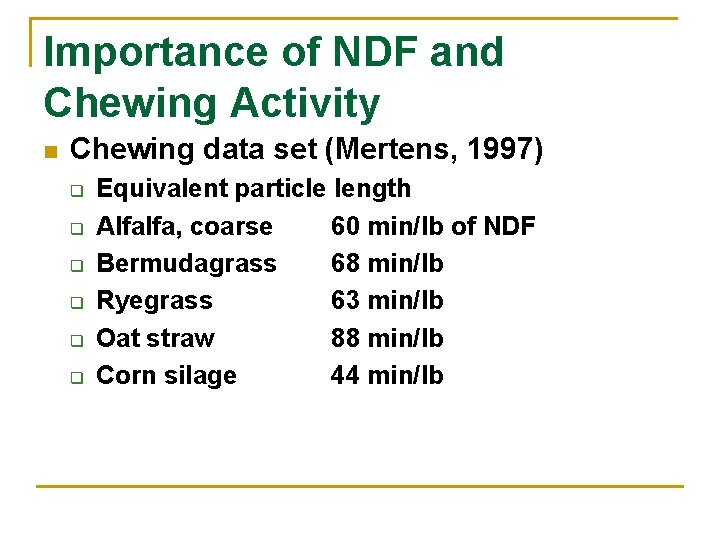 Importance of NDF and Chewing Activity n Chewing data set (Mertens, 1997) q q
