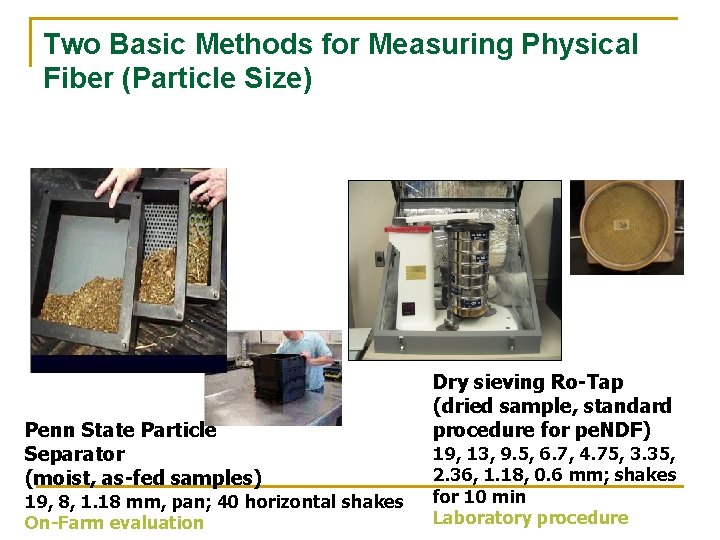 Two Basic Methods for Measuring Physical Fiber (Particle Size) Penn State Particle Separator (moist,