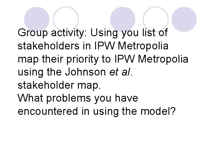 Group activity: Using you list of stakeholders in IPW Metropolia map their priority to