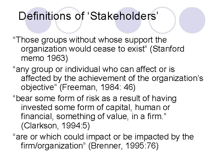 Definitions of ‘Stakeholders’ “Those groups without whose support the organization would cease to exist”