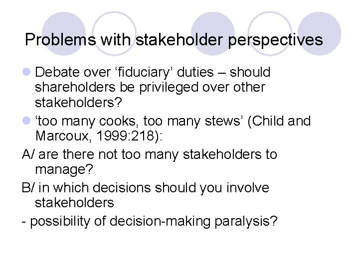 Problems with stakeholder perspectives l Debate over ‘fiduciary’ duties – should shareholders be privileged