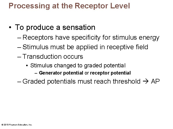 Processing at the Receptor Level • To produce a sensation – Receptors have specificity