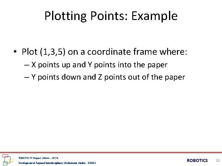 Plotting Points: Example • Plot (1, 3, 5) on a coordinate frame where: –