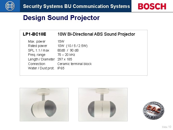 Security Systems BU Communication Systems Design Sound Projector LP 1 -BC 10 E Max.