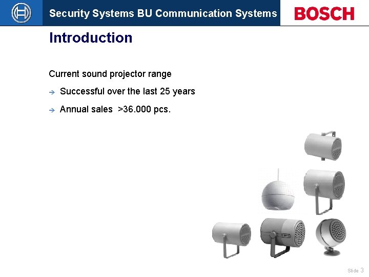 Security Systems BU Communication Systems Introduction Current sound projector range è Successful over the