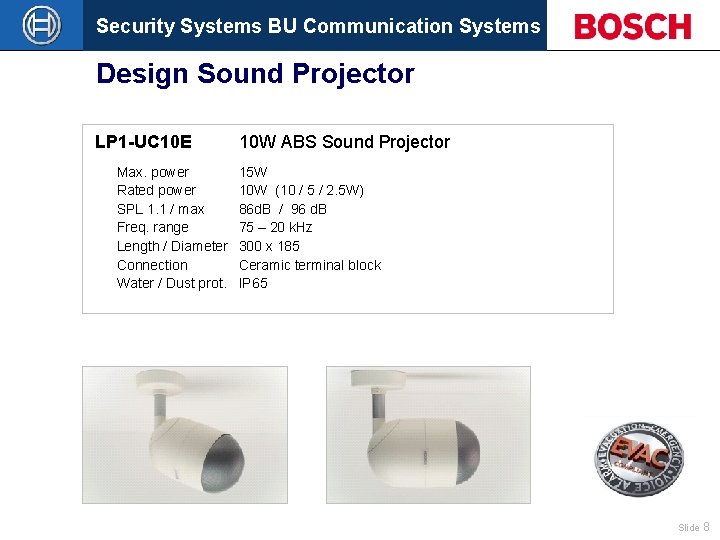 Security Systems BU Communication Systems Design Sound Projector LP 1 -UC 10 E Max.
