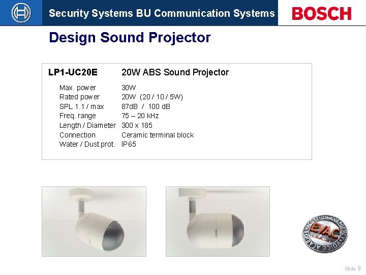 Security Systems BU Communication Systems Design Sound Projector LP 1 -UC 20 E Max.