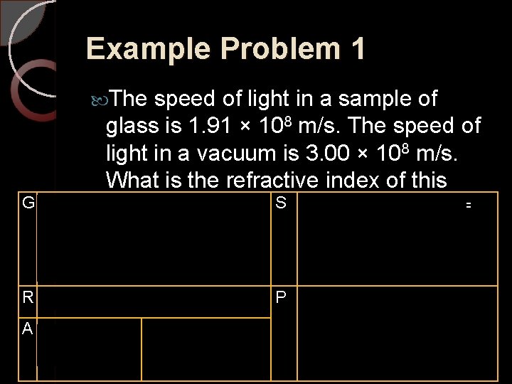 Example Problem 1 The speed of light in a sample of glass is 1.