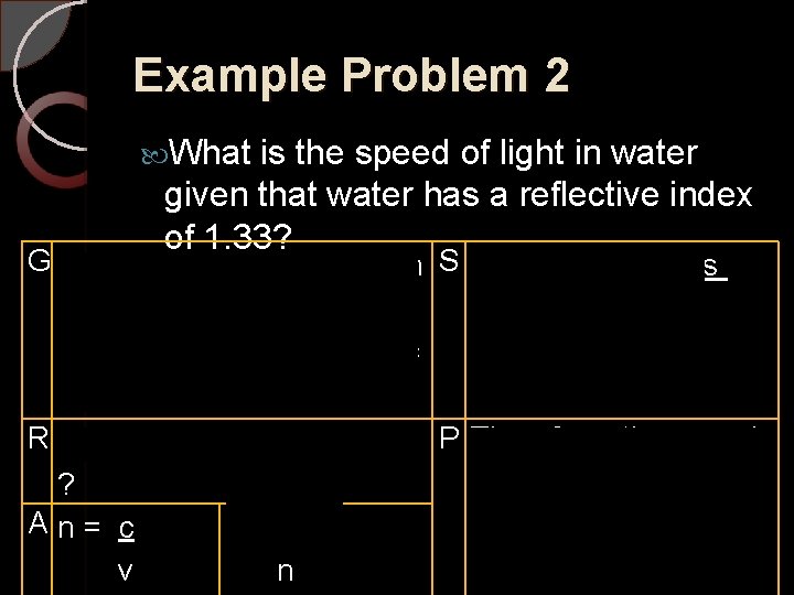 Example Problem 2 What is the speed of light in water given that water