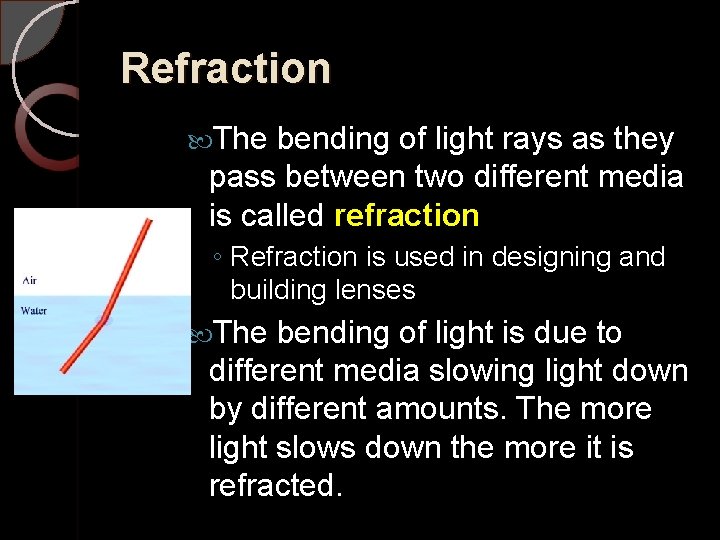 Refraction The bending of light rays as they pass between two different media is