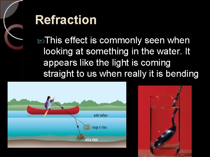 Refraction This effect is commonly seen when looking at something in the water. It