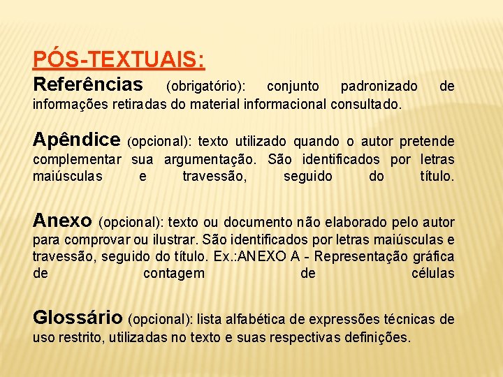  PÓS-TEXTUAIS: Referências (obrigatório): conjunto padronizado informações retiradas do material informacional consultado. de Apêndice