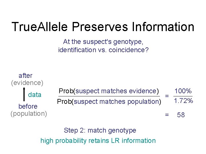 True. Allele Preserves Information At the suspect's genotype, identification vs. coincidence? after (evidence) data