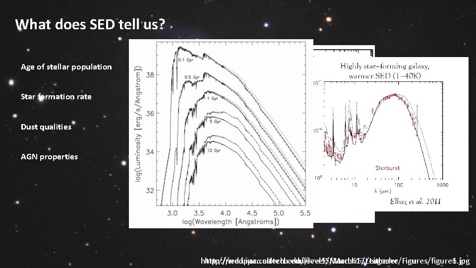 What does SED tell us? Age of stellar population Star formation rate Dust qualities