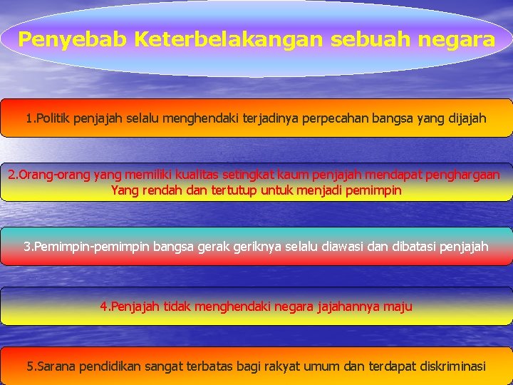 Penyebab Keterbelakangan sebuah negara 1. Politik penjajah selalu menghendaki terjadinya perpecahan bangsa yang dijajah Penyebab Keterbelakangan sebuah negara 1. Politik penjajah selalu menghendaki terjadinya perpecahan bangsa yang dijajah