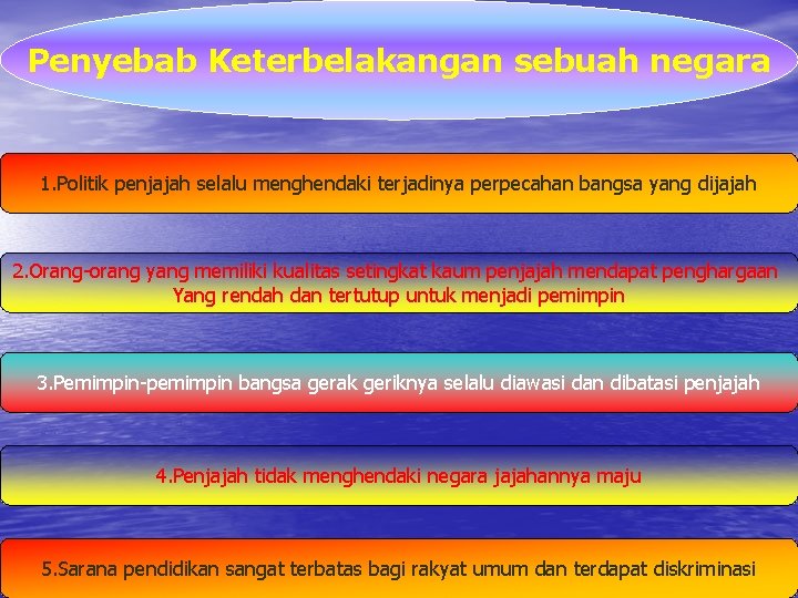 Penyebab Keterbelakangan sebuah negara 1. Politik penjajah selalu menghendaki terjadinya perpecahan bangsa yang dijajah