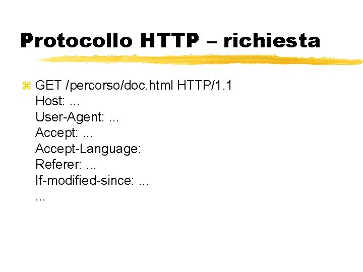 Protocollo HTTP – richiesta GET /percorso/doc. html HTTP/1. 1 Host: . . . User-Agent: