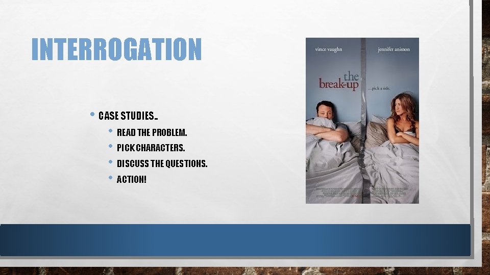 INTERROGATION • CASE STUDIES. . • READ THE PROBLEM. • PICK CHARACTERS. • DISCUSS