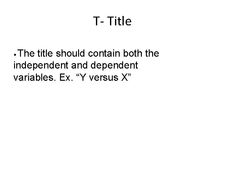 T- Title The title should contain both the independent and dependent variables. Ex. “Y