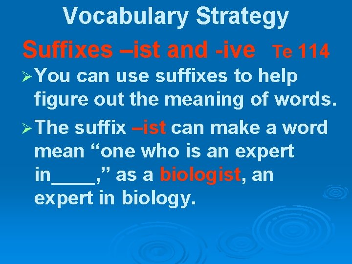 Vocabulary Strategy Suffixes –ist and -ive Te 114 Ø You can use suffixes to