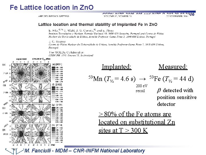 Fe Lattice location in Zn. O CERN-INTC-2006 -005 and INTC-P-203 20. 02. 2006 Implanted: