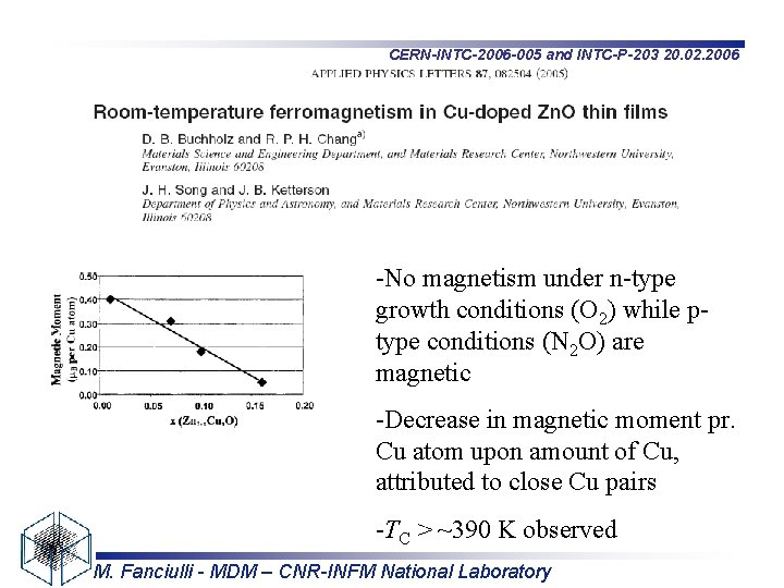 CERN-INTC-2006 -005 and INTC-P-203 20. 02. 2006 -No magnetism under n-type growth conditions (O