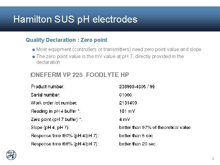 Hamilton SUS p. H electrodes Quality Declaration : Zero point Most equipment (controllers or