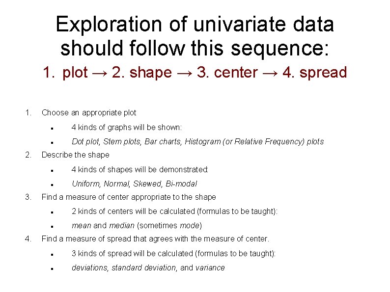 Exploration of univariate data should follow this sequence: 1. plot → 2. shape →
