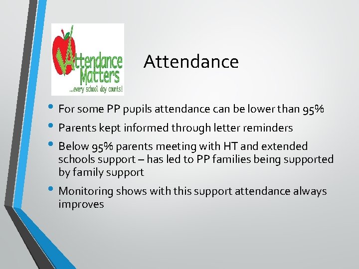 Attendance • For some PP pupils attendance can be lower than 95% • Parents
